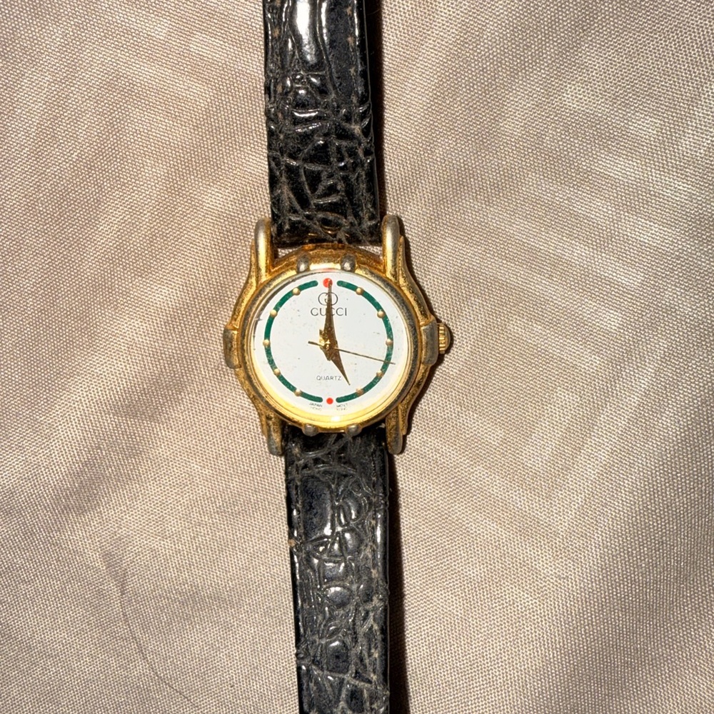 Vintage Gucci Gold Plated Watch with Black Leather Strap